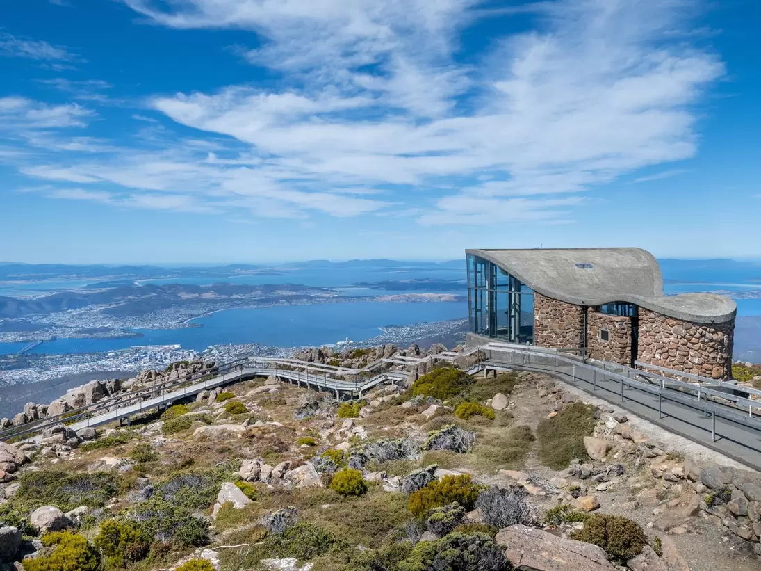 The Pinnacle Observation Shelter overlooking the city of Hobart, on Mt Wellington in Tasmania, Australia.