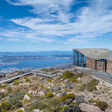 The Pinnacle Observation Shelter overlooking the city of Hobart, on Mt Wellington in Tasmania, Australia.