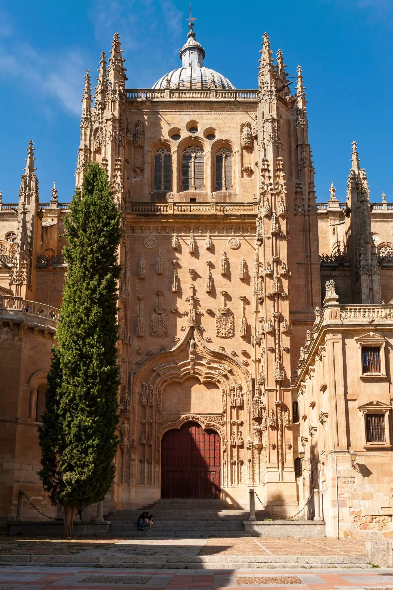 The New Cathedral of Salamanca in the afternoon light with shadows cast by a tree. A coupe sits on the steps in the shade.