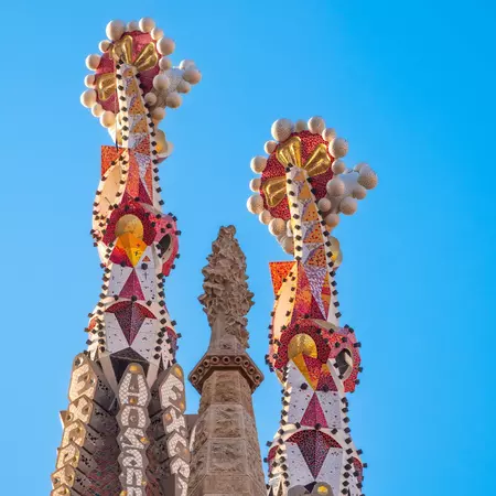 Close-up architectural detail of the modernist Sagrada Familia basilica
