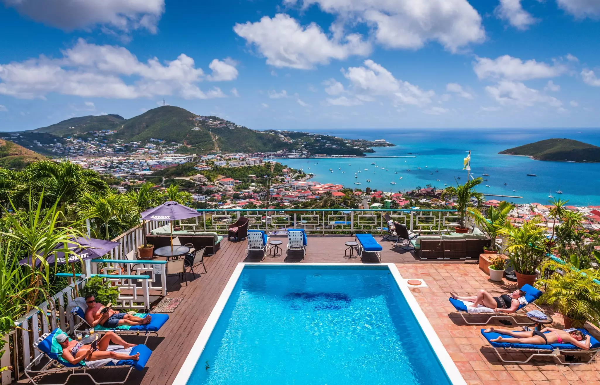 St. Thomas, USVI. Historic Mafolie Hotel pool overlooks  Charlotte Amalie harbor.