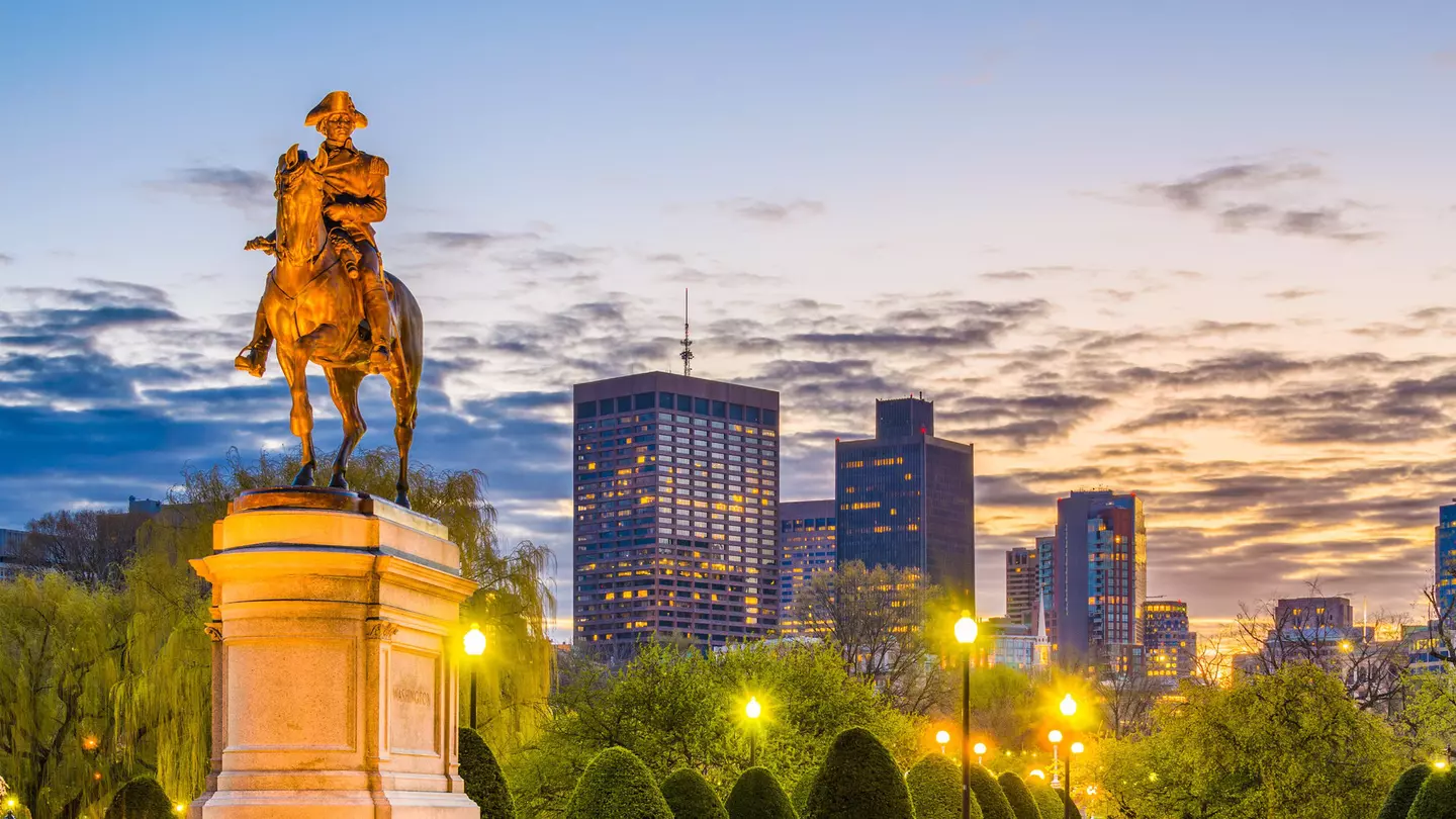 The skyline of Boston's Public Garden at sunset