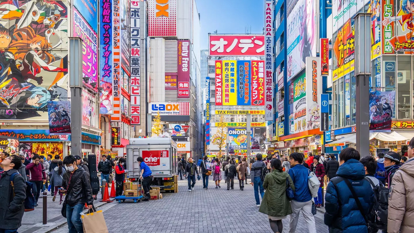 Shoppers walk along a narrow street in Akihabara, tall buildings covered with bright signs on either side