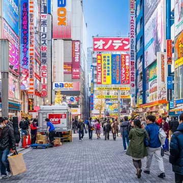 Shoppers walk along a narrow street in Akihabara, tall buildings covered with bright signs on either side