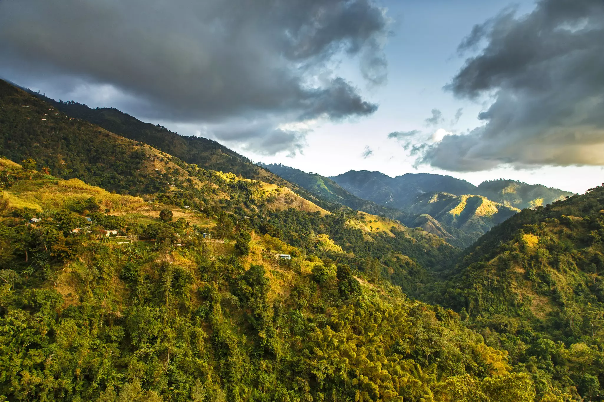 A view of mountains covered in trees hit by late-afternoon sun. Clouds are seen in the sky above the mountains.