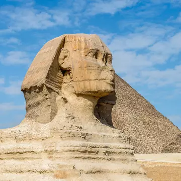 Great Sphinx of Giza, a limestone statue of a mythical creature with a lion's body and a human head), Giza Plateau, West Bank of the Nile, Giza, Egypt