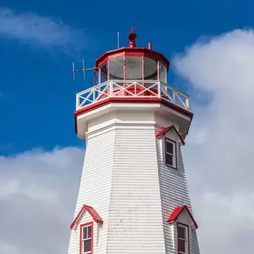 View of the East Point Lighthouse against a blue sky on Prince Edward Island, Canada.