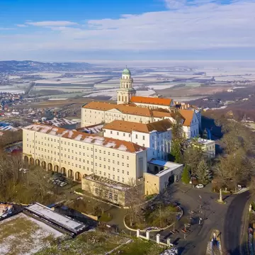 Pannonhalma, Hungary - Aerial view of the Benedictine Pannonhalma Archabbey on the top of Mount of Saint Martin. This is the second largest territorial abbey in the world.