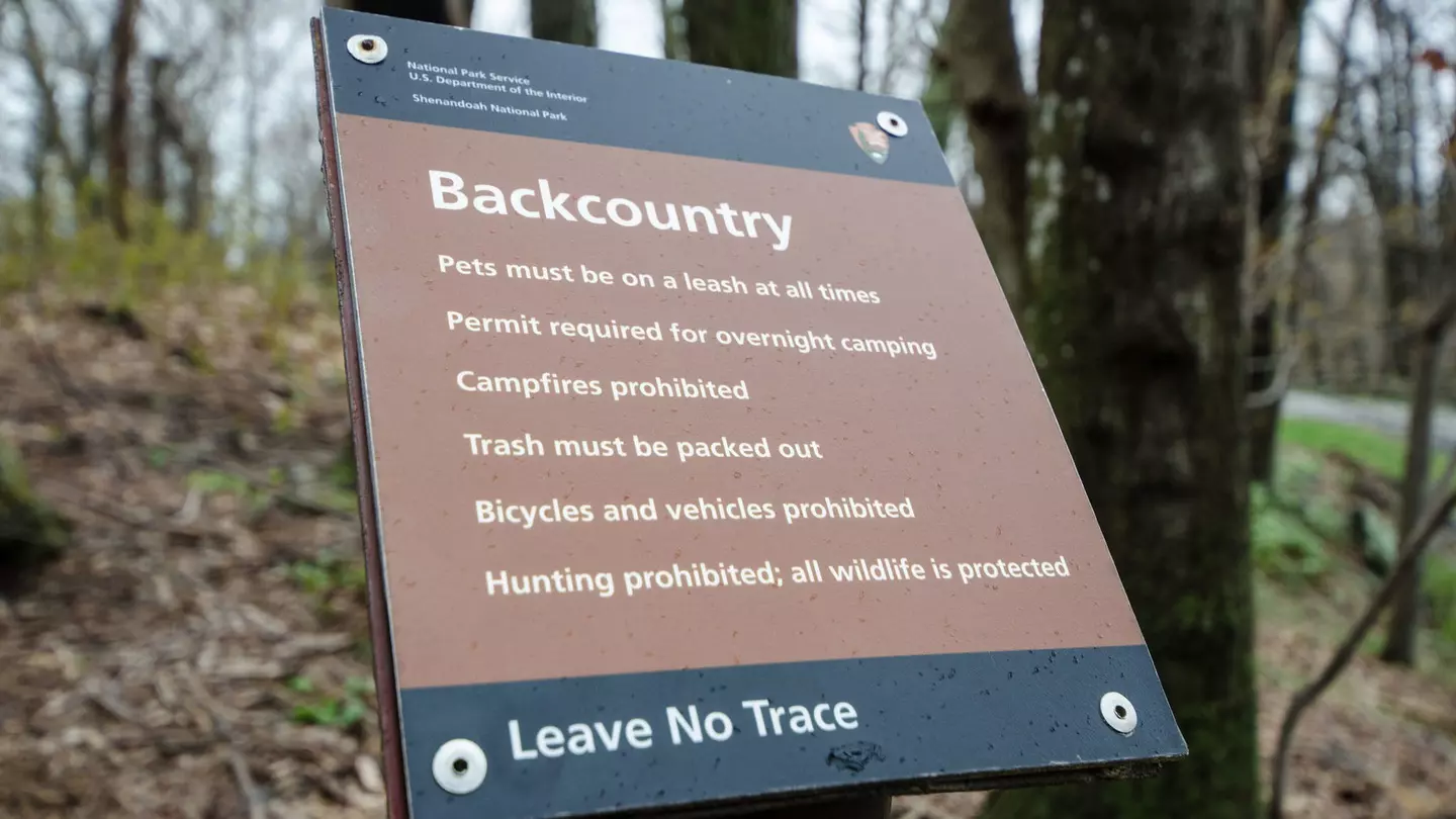 A brown sign with a white sans serif font explains Leave No Trace rules for backcountry camping in Shenandoah National Park, including leashing pets and not lighting campfires.