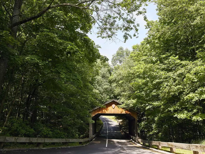 Historic covered bridge on a tree-lined road