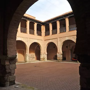 View of the courtyard of the Palacios Maestrales, which houses the Museo Nacional de Teatro, in Almagro, Spain.