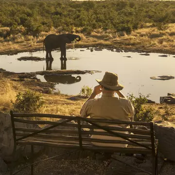 Man watching a drinking elephant