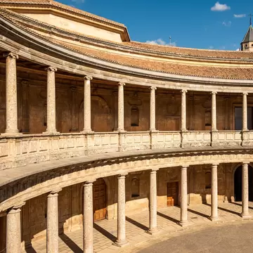The unique circular patio of the Palacio de Carlos V at the Alhambra complex in Granada, Spain.