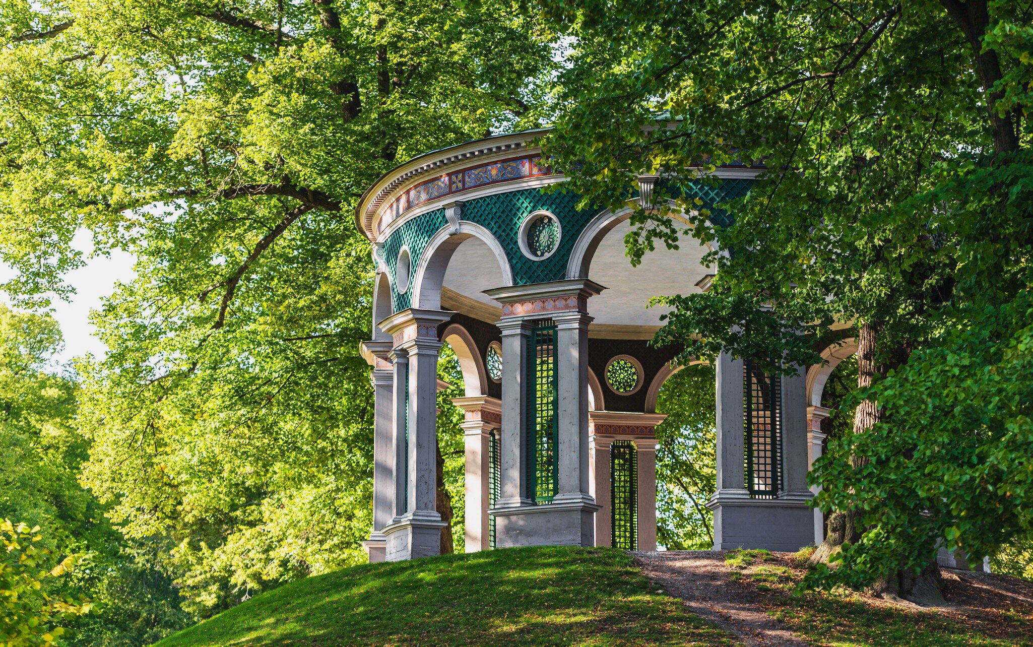 Stockholm, Sweden - Sep 28th 2014: Haga Echo Temple, pavilion for the Swedish Royals under the trees in Hagaparken on a sunny day  License Type: media  Download Time: 2023-06-25T07:29:09.000Z  User: hannahblackie10  Is Editorial: Yes  purchase_order: 56530/Global Publishing WIP  