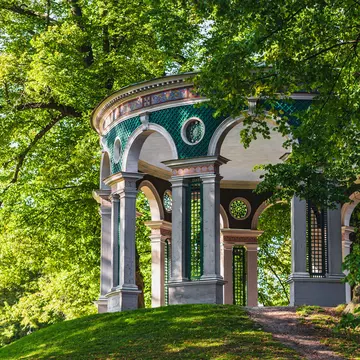 Stockholm, Sweden - Sep 28th 2014: Haga Echo Temple, pavilion for the Swedish Royals under the trees in Hagaparken on a sunny day  License Type: media  Download Time: 2023-06-25T07:29:09.000Z  User: hannahblackie10  Is Editorial: Yes  purchase_order: 56530/Global Publishing WIP  