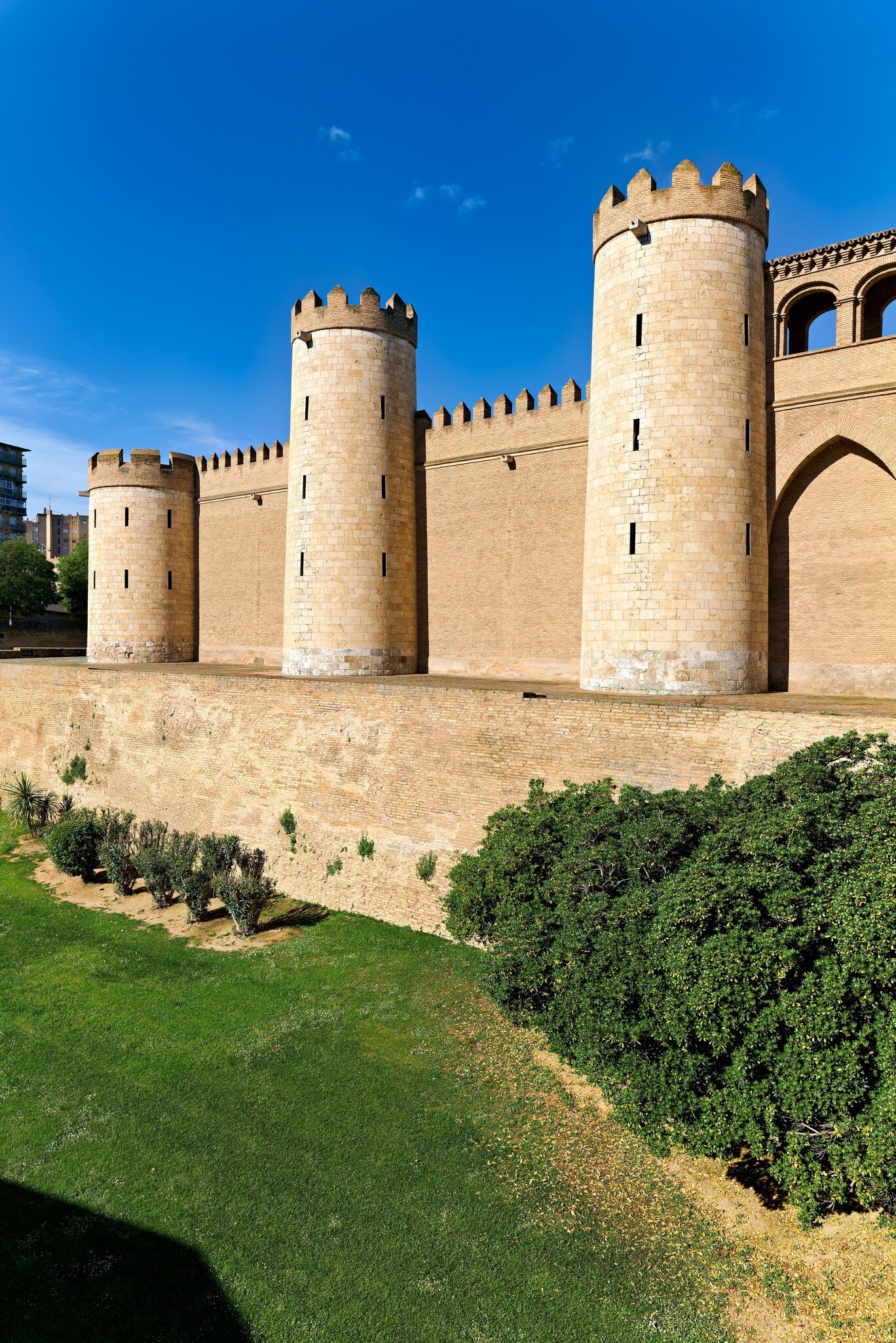 View of the walls of La Aljafería in Zaragoza, Spain.