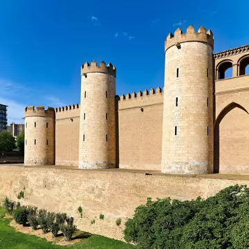 View of the walls of La Aljafería in Zaragoza, Spain.