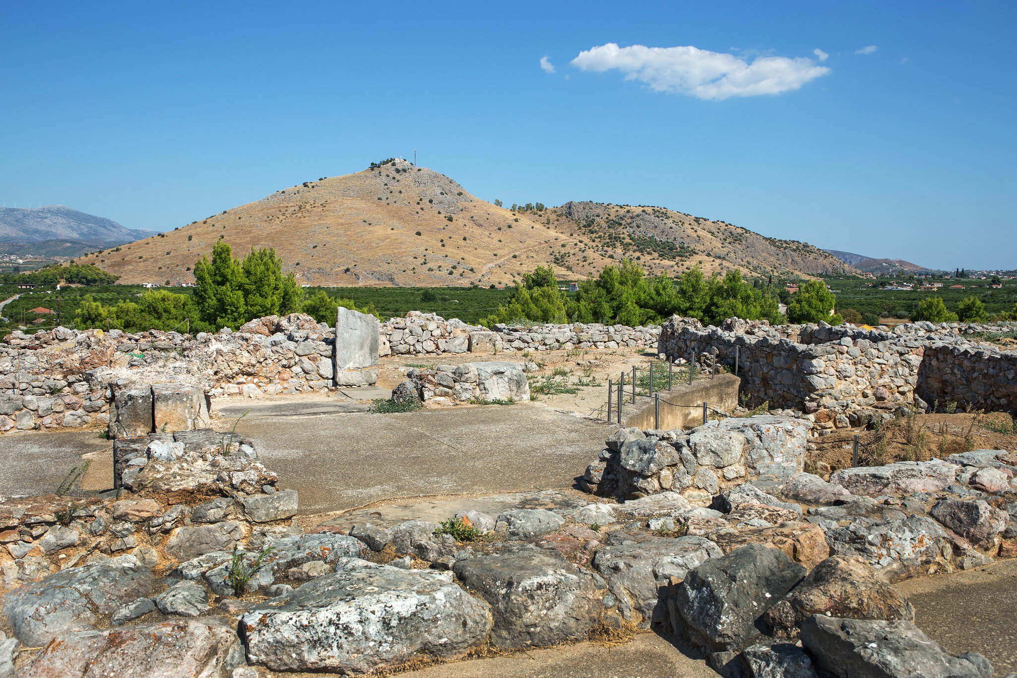 View of the ruins of the ancient Acropolis of Tiryns in Greece.