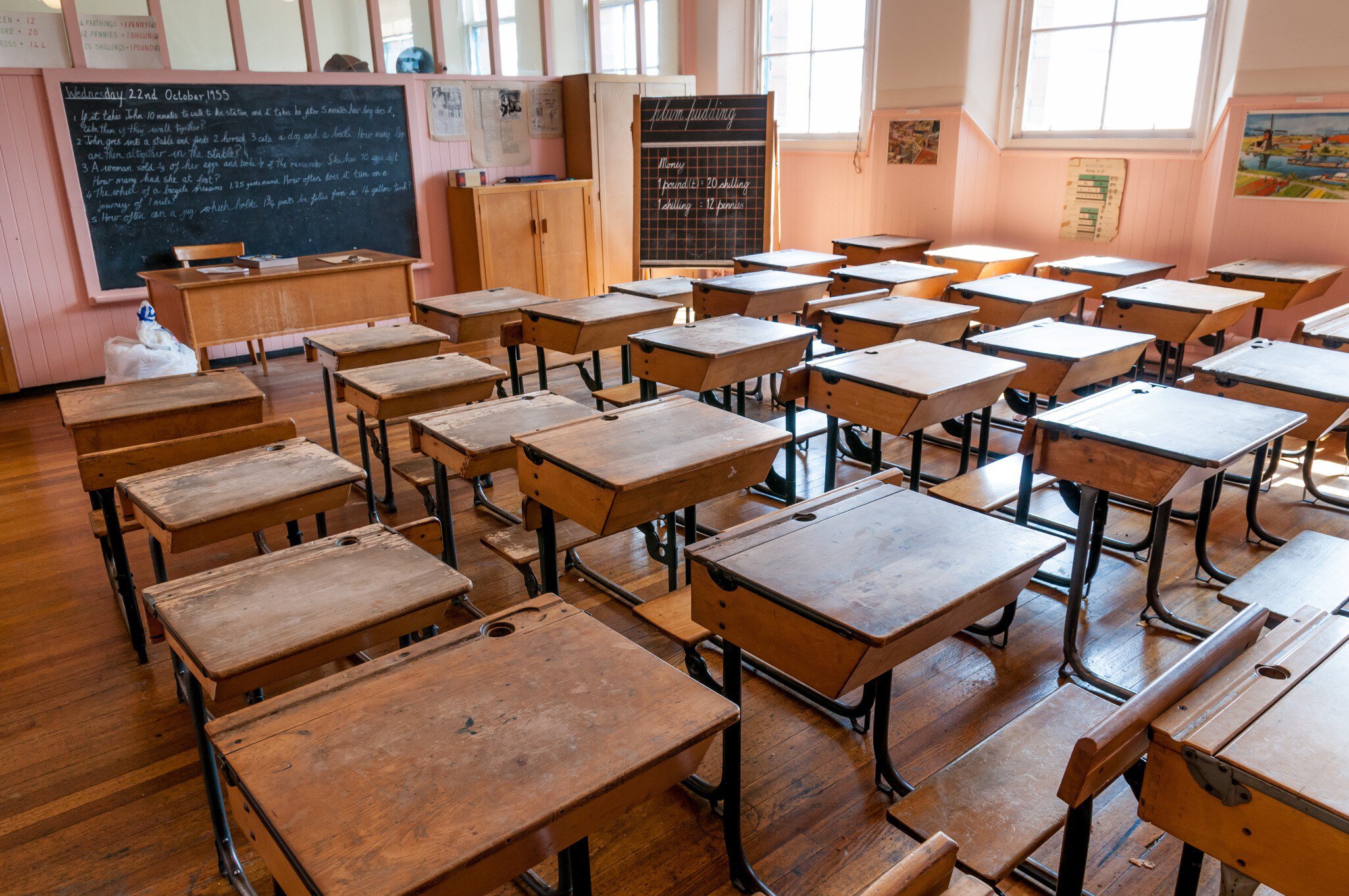 A classroom full of empty desks in Scotland Street School, Glasgow, Scotland.