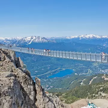 A long steel suspension footbridge strung between rocky peaks, walkers crossing it, with a green valley, a blue lake and snow-capped ranges far below.