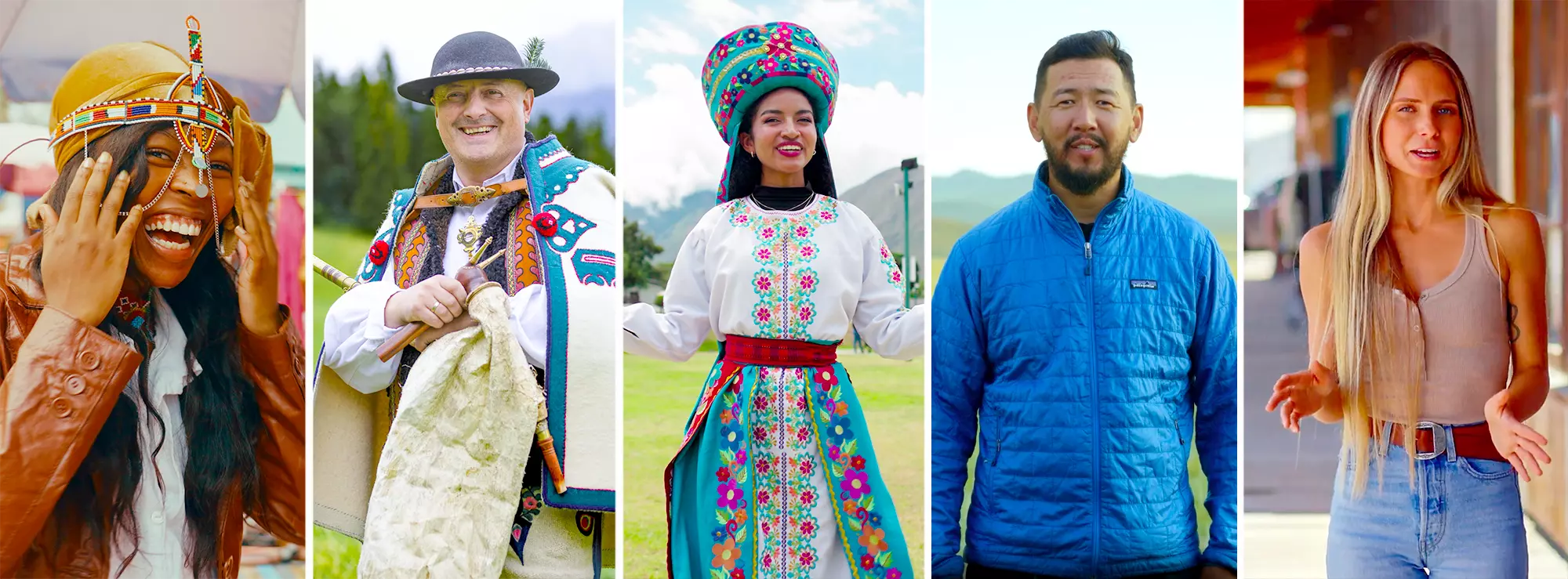 Meet the locals from our Best in Travel 2024 video series. From left: Nairobi, Poland, Ecuador, Mongolia and Montana © Jack Pearce/Lonely Planet