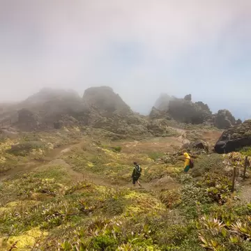 Hiker on a foggy day walking trails on a volcano on Basse-Terre.