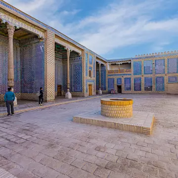 Khiva, Uzbekistan -13-10-2021: Inner Mosque in Tash Hauli (Tosh Hovli) palace ; Shutterstock ID 2074056119;