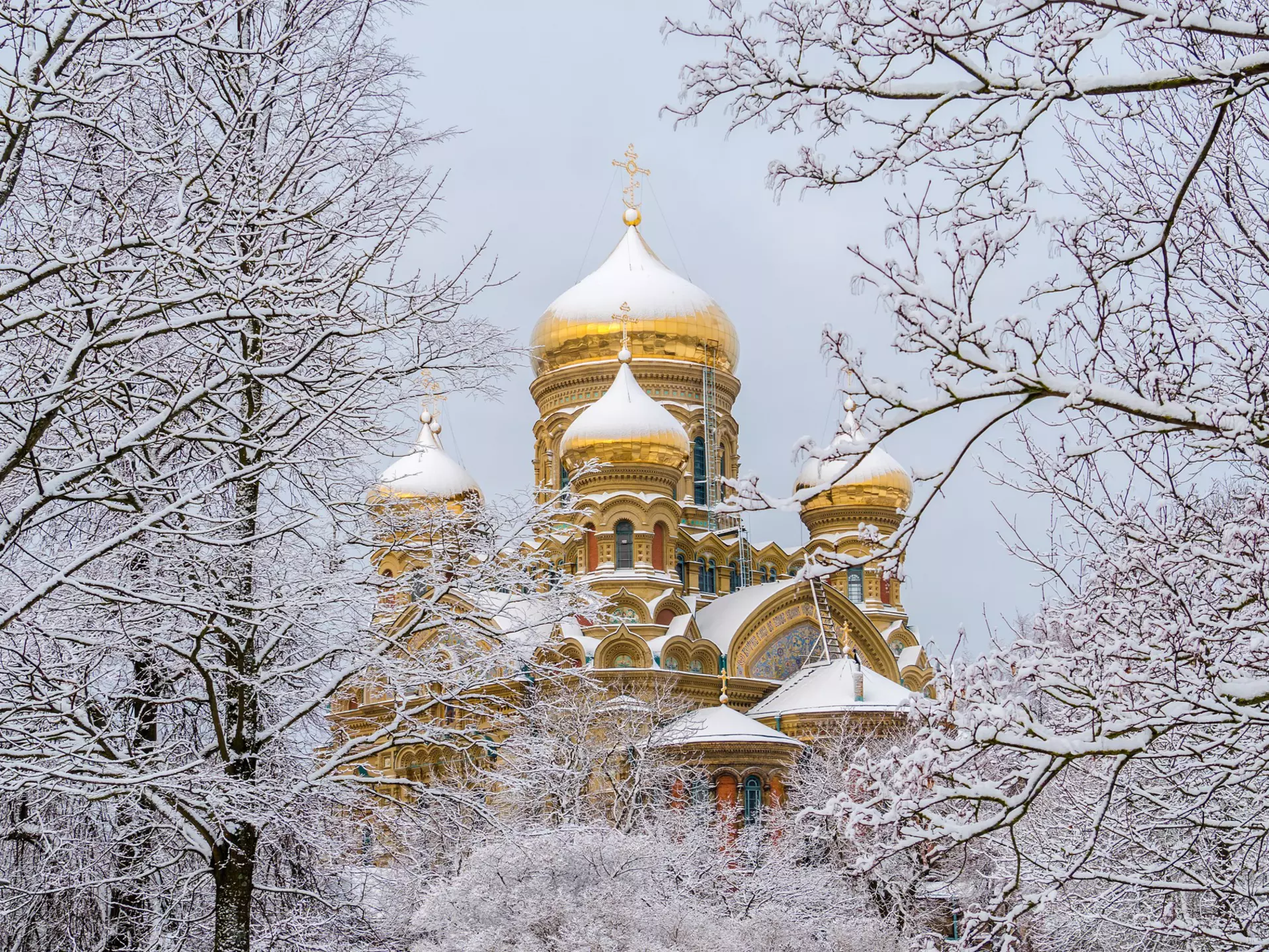 Winter snow crowns St Nicholas Maritime Cathedral in Liepāja, Latvia. 