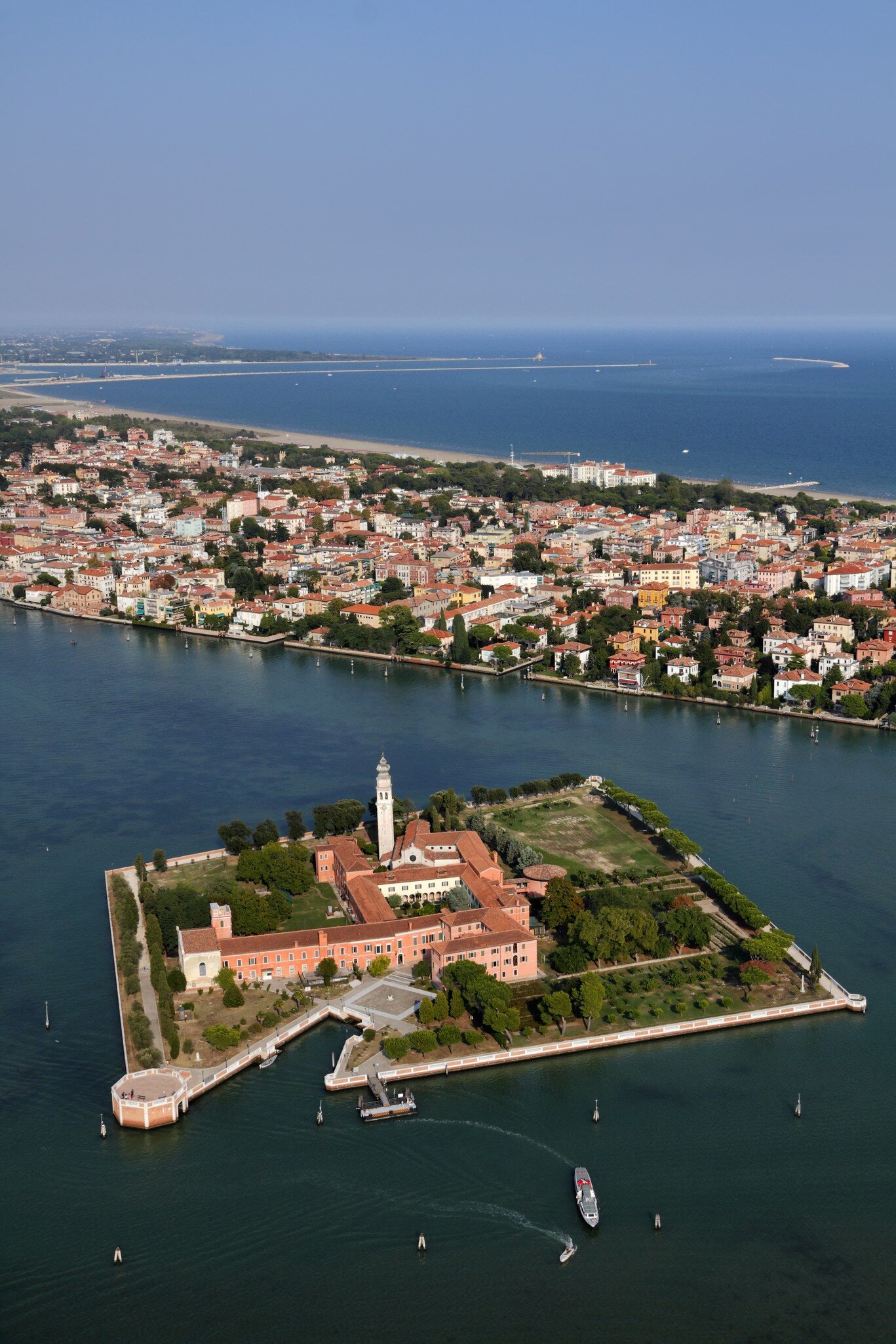 Aerial view of the Isola di San Lazzaro degli Armeni in the Venetian lagoon, Italy.