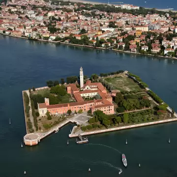 Aerial view of the Isola di San Lazzaro degli Armeni in the Venetian lagoon, Italy.