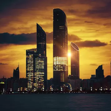 View,Of,Abu,Dhabi,Skyline,At,Sunset,,United,Arab,Emirates,