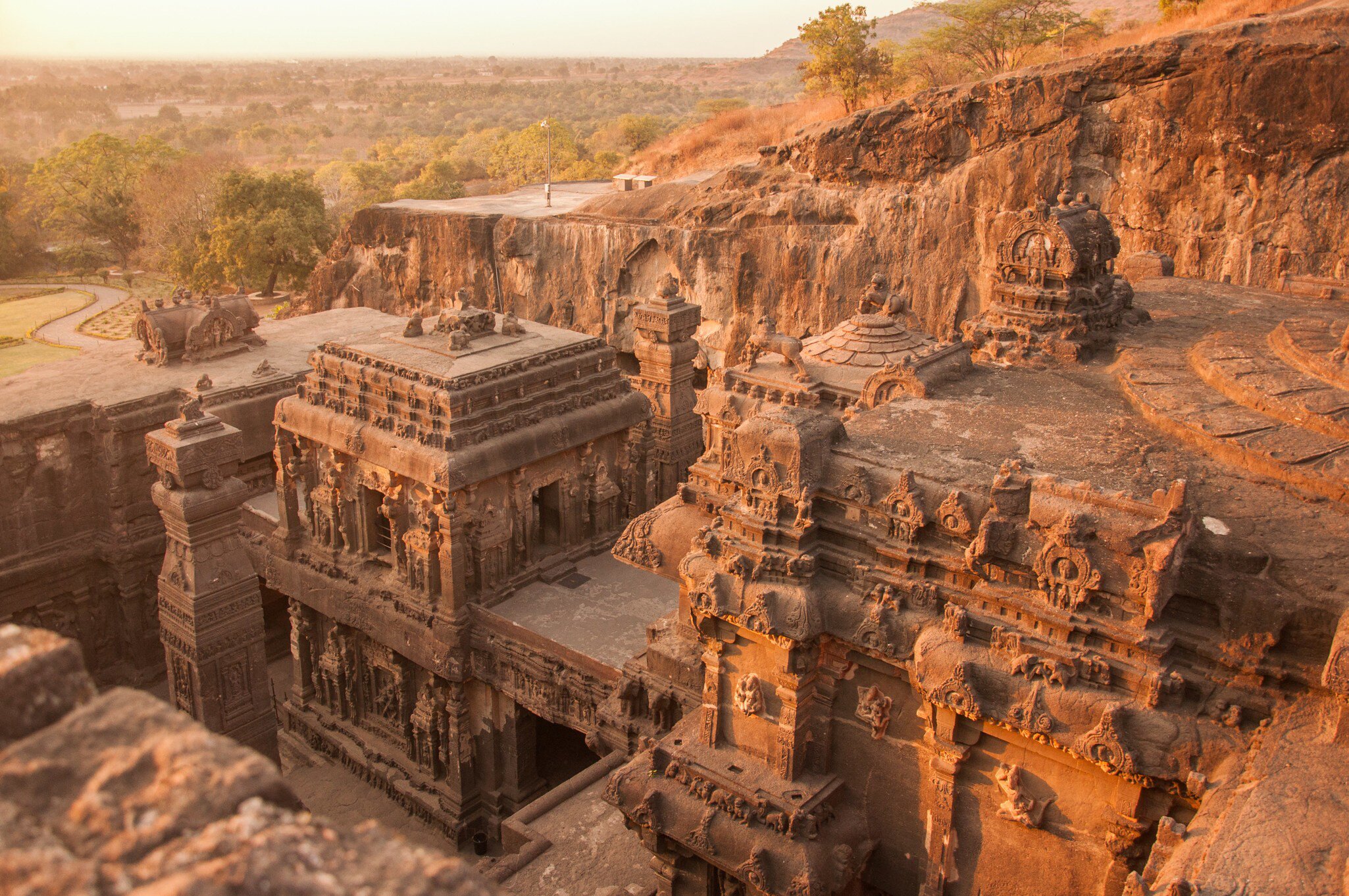 Top view of the Kailasanath Temple in Ellora Caves at sunset.