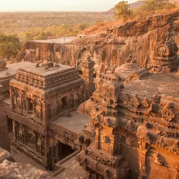 Top view of the Kailasanath Temple in Ellora Caves at sunset.