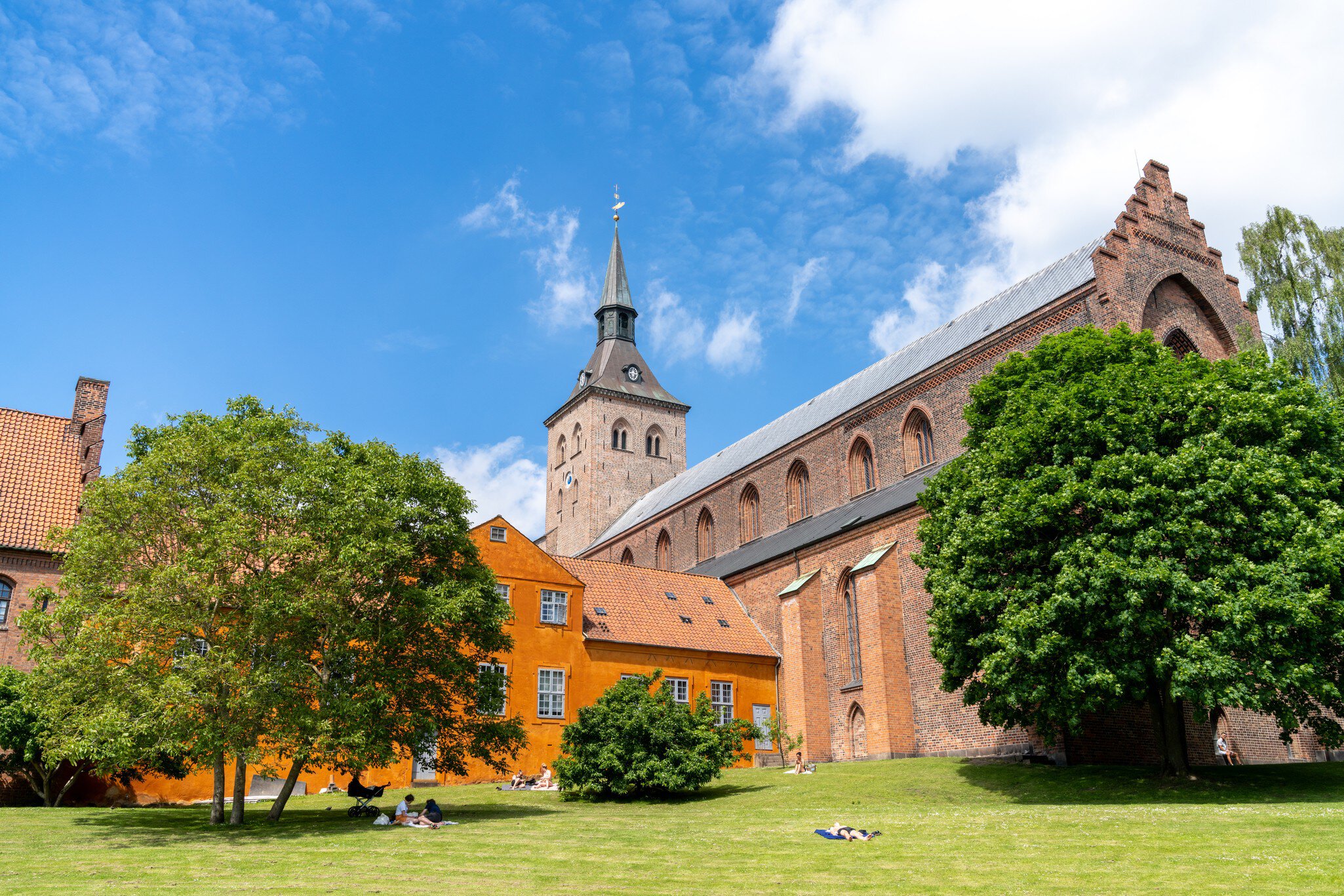 The city park and cathedral of Saint Canute in Odense, Denmark.
