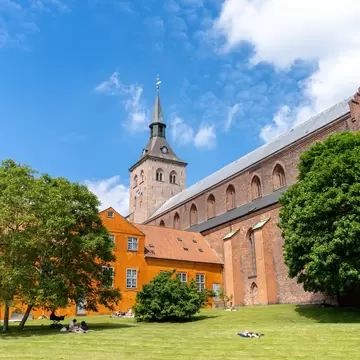 The city park and cathedral of Saint Canute in Odense, Denmark.