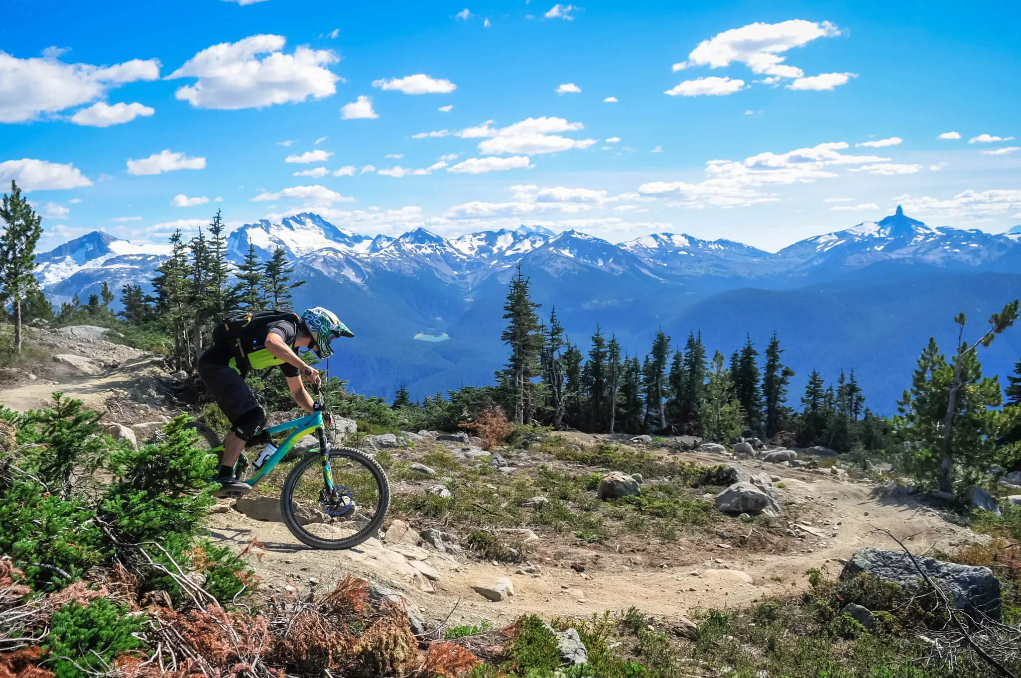 A mountain-biker wearing a helmet pedals down a rough trail in a mountainous wooded area.