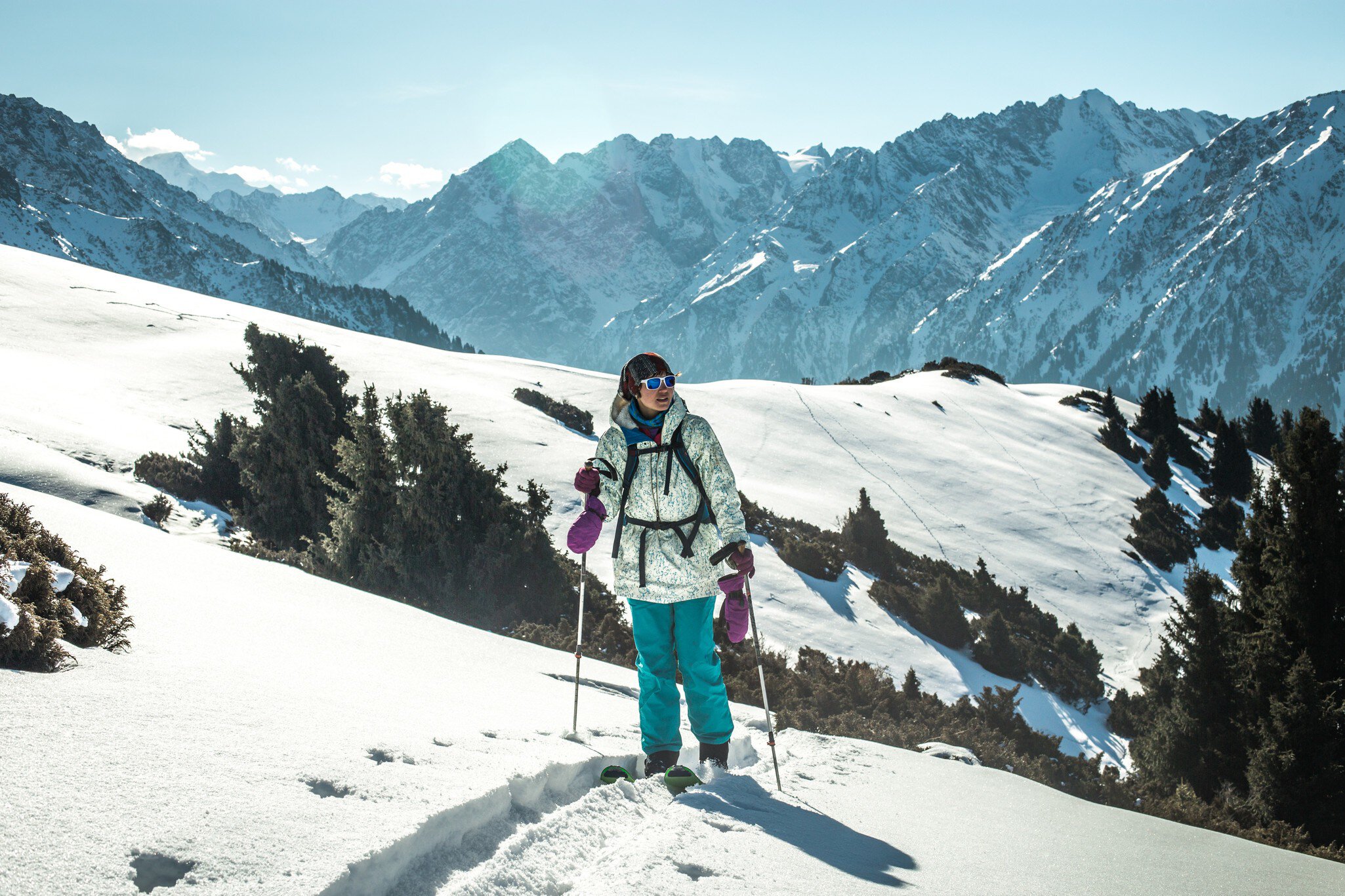 Ski touring in surroundings of ski resort in Kyrgyzstan.