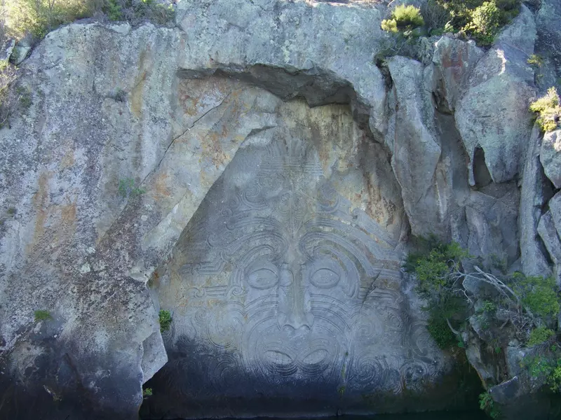 Māori Rock Carvings on Lake Taupō in New Zealand (Aotearoa). 