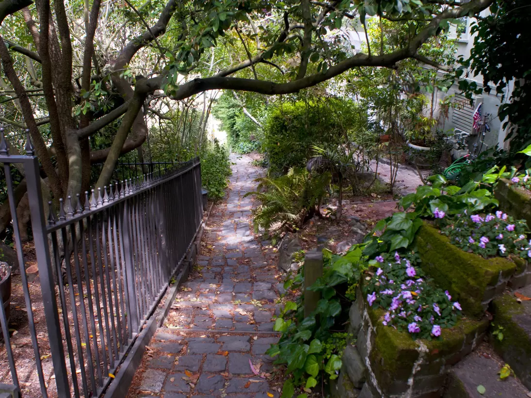 Macondray Lane in Russian Hill is bedecked with flowers, San Francisco.