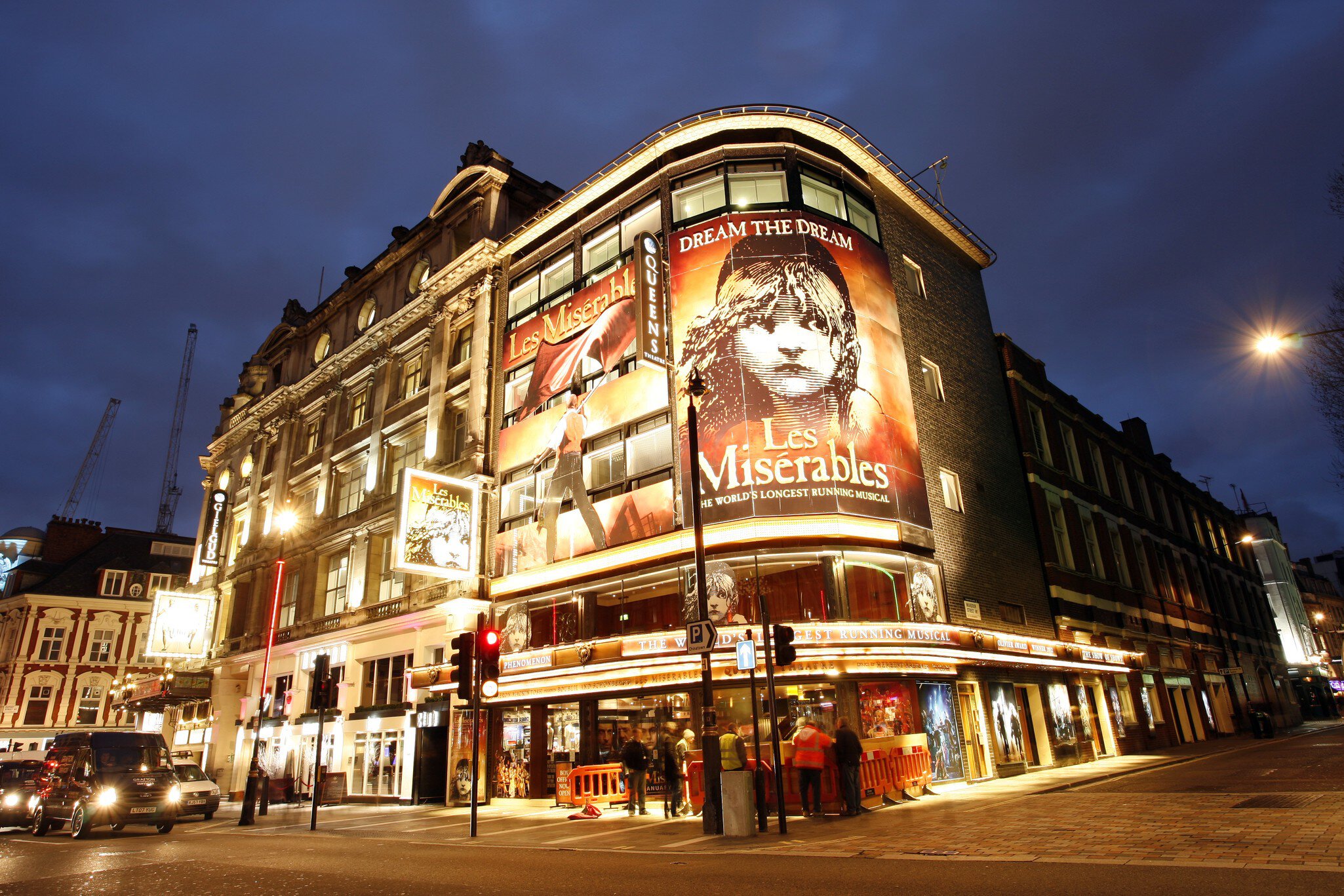Outside view of Queen's Theatre, West End theatre, located on Shaftesbury Avenue, City of Westminster, since 1907, designed by W.G.R. Sprague.