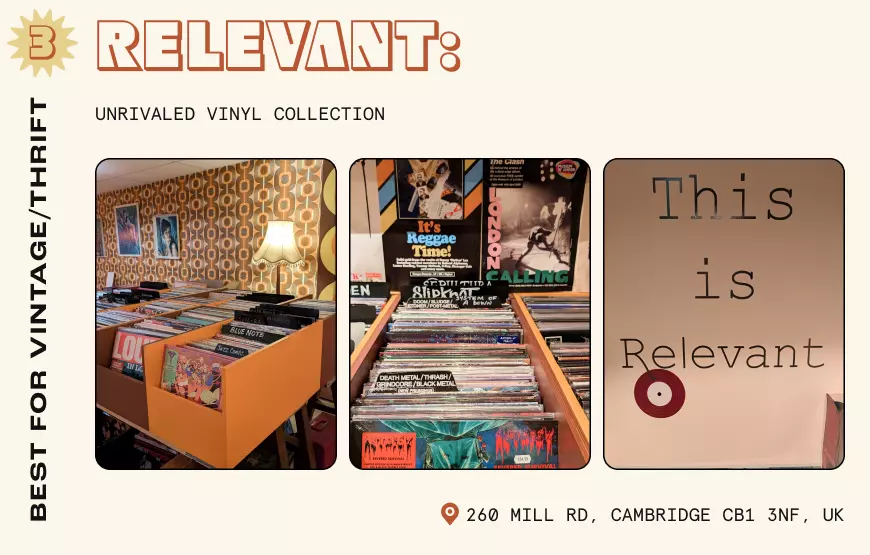 Record shop in Camridge with vinyls and 1970s interiors