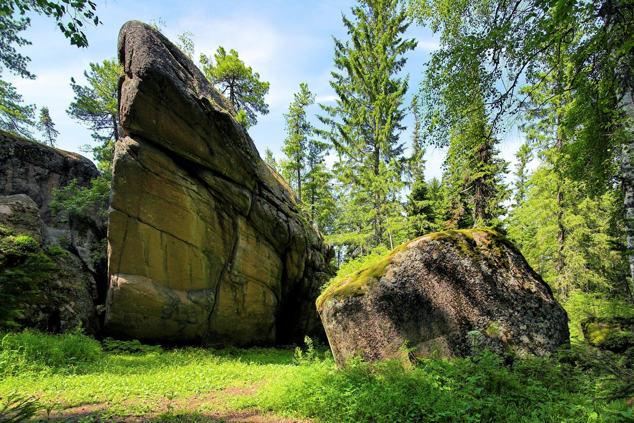 Rock in the forest in Krasnoyarsk Pillars (State Nature Reserve Stolby), Siberia, Russia