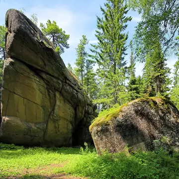 Rock in the forest in Krasnoyarsk Pillars (State Nature Reserve Stolby), Siberia, Russia