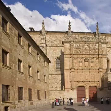 Visitors at the Universidad Civil on a sunny day in Salamanca, Spain.
