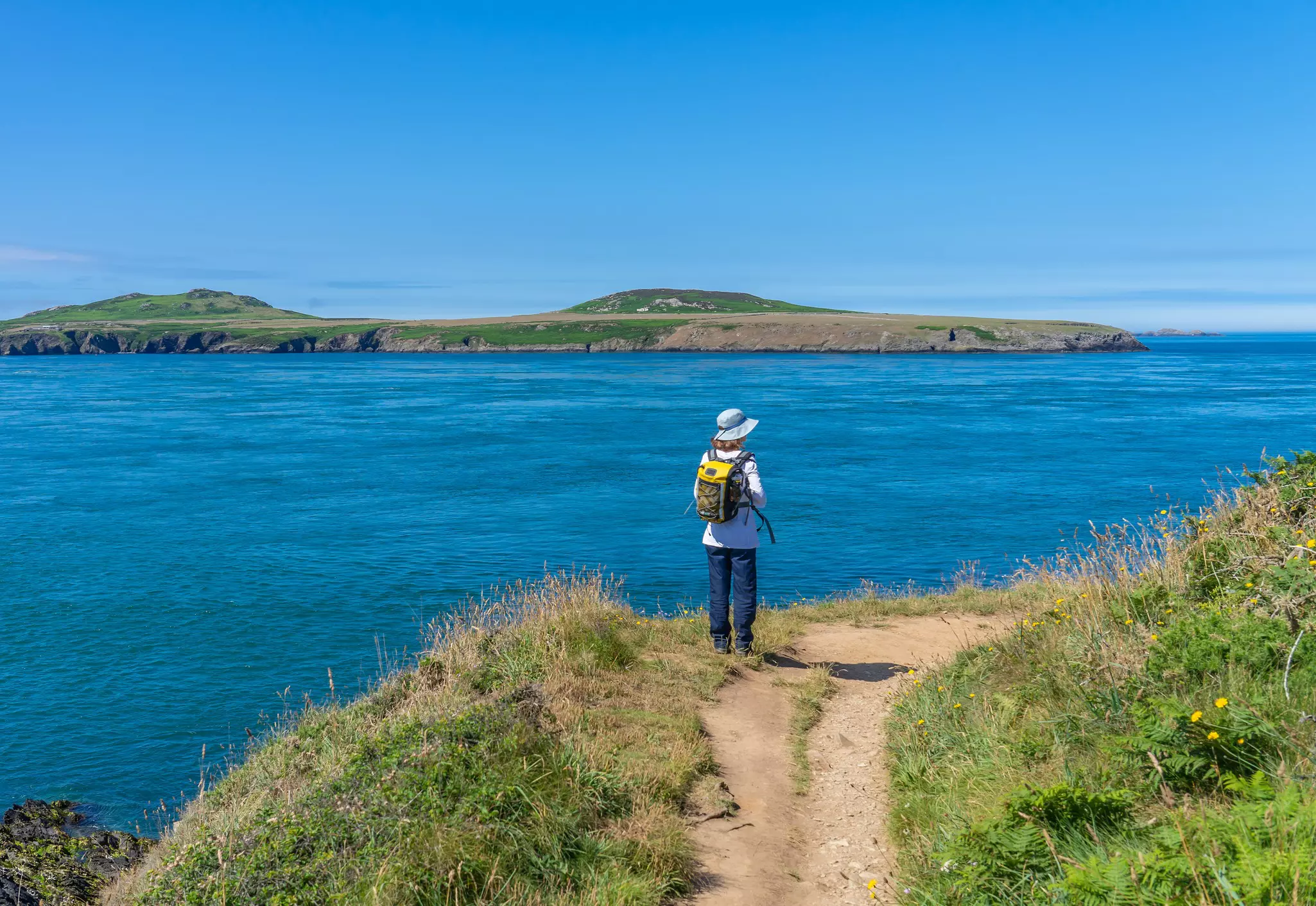 Lone walker standing on the cliff top in St Justinians looking out over Ramsey Sound towards Ramsey Island RSPB nature reserve, Wales.