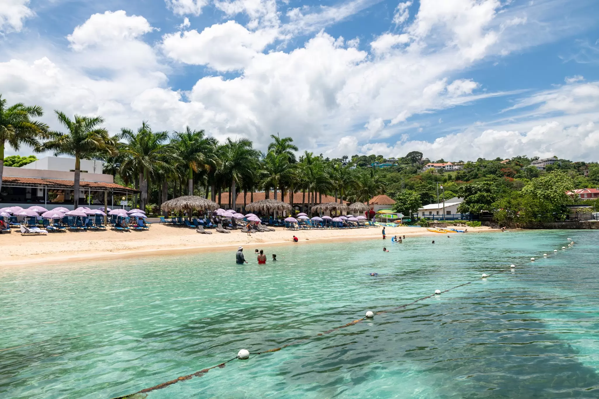 A cluster of palm trees and a few bamboo umbrellas line a beach shoreline. People stand in the gemlike green water