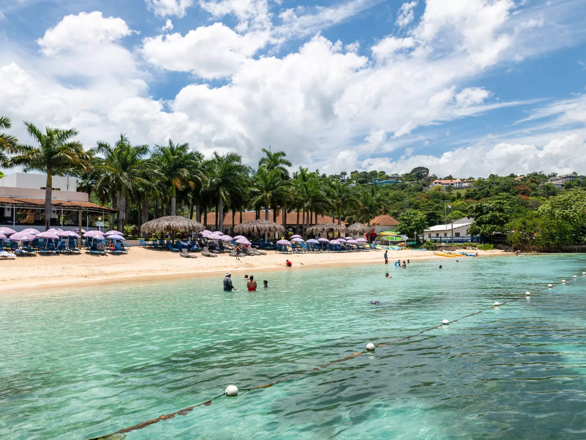 A cluster of palm trees and a few bamboo umbrellas line a beach shoreline. People stand in the gemlike green water