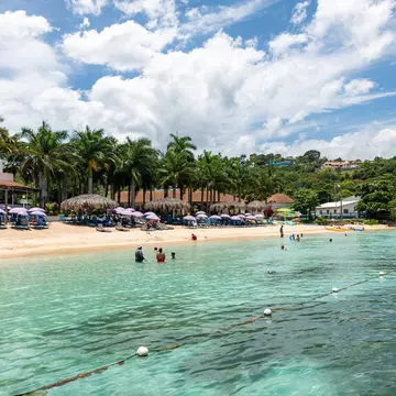 A cluster of palm trees and a few bamboo umbrellas line a beach shoreline. People stand in the gemlike green water