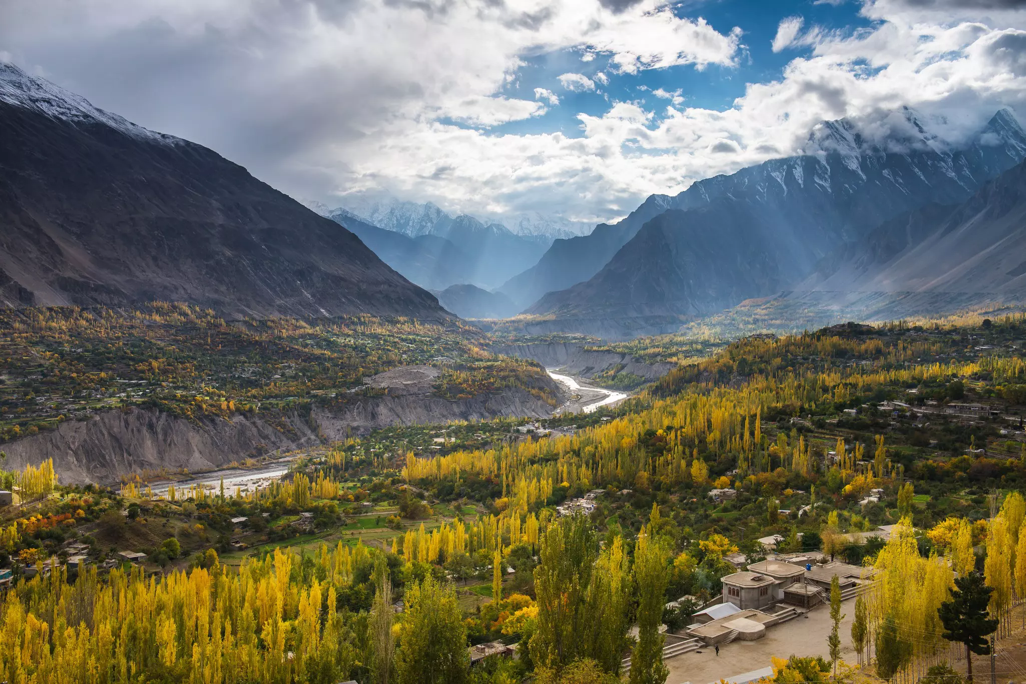 Tall mountains capped with snow frame a valley with a river cutting through. Tall yellow trees fill the valley.