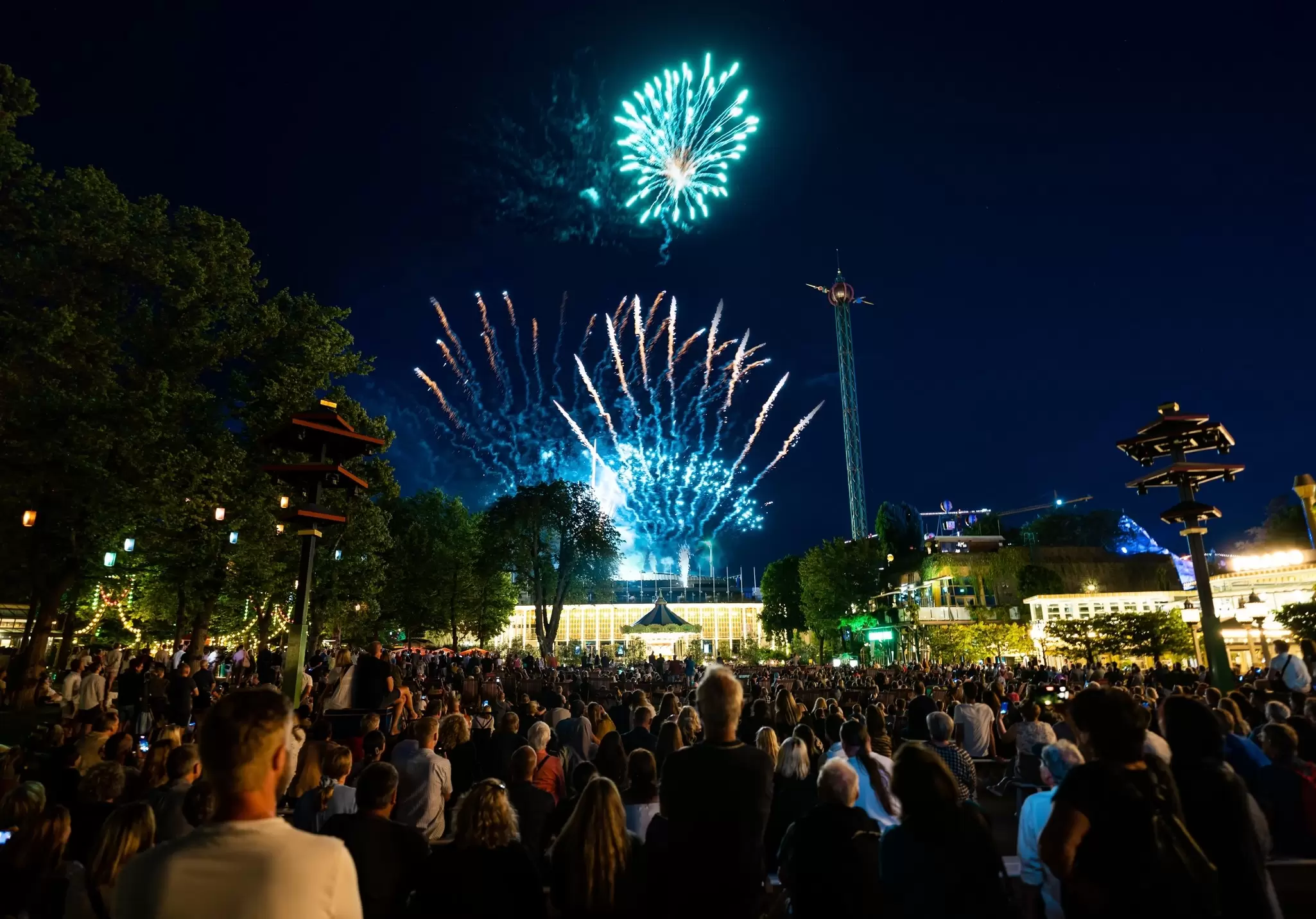 View of fireworks at Tivoli Gardens at night in Copenhagen, Denmark.